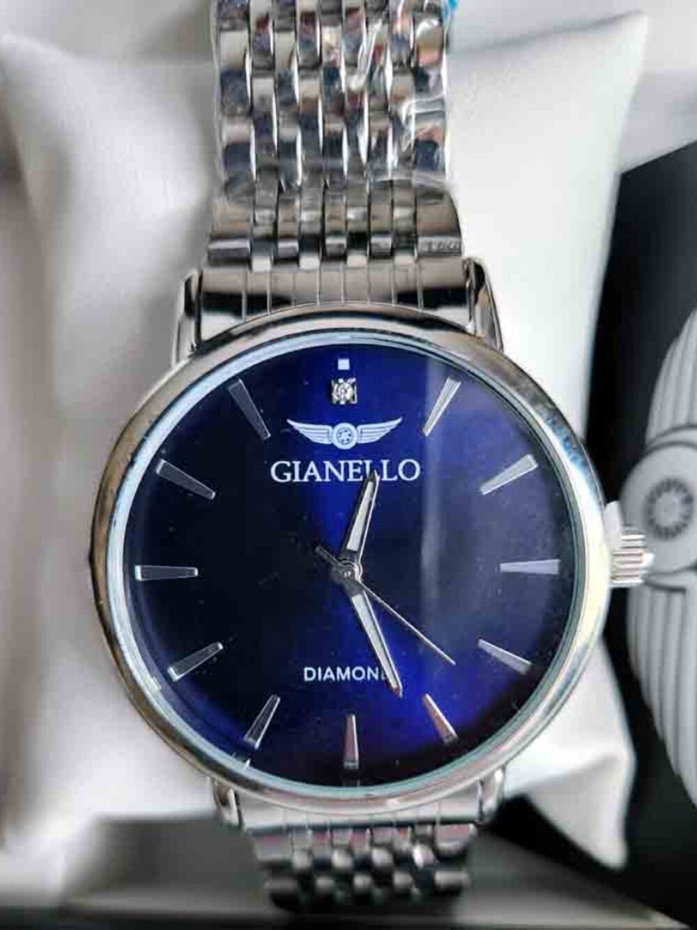 Gianello LANZI Round Silver Link 1/10 Diamond Quartz Watch Blue Face Men's